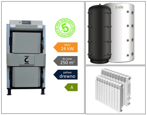 Piec na drewno zgazowujący Holzgaz 20 kW Ecodesign, zasobnik 150l, 100 żeberek grzejnika.