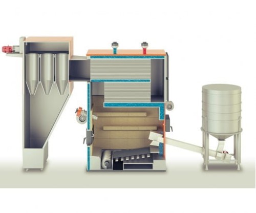 Schemat kociołka na odpady drewnopodobne 400kW z komorą dopalania. Widok przekroju poprzecznego, pokazujący wnętrze urządzenia i system zasilania.