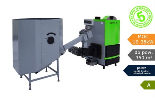 Kocioł c.o. Ecoline Bio 38 kW na zrębki, trociny i brykiety ze zbiornikiem.