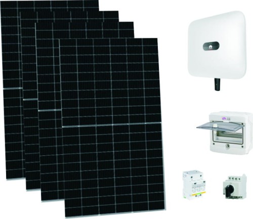 Zestaw fotowoltaiczny 5kW: 4 panele mono 340W, inwerter Huawei Fusion Home, rozdzielnia i zabezpieczenia.