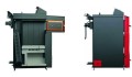 Kocioł c.o. Attack DPX profi 100 kW – widok z przodu i boku. Piec na szczapy drewna z certyfikatem Ecodesign.