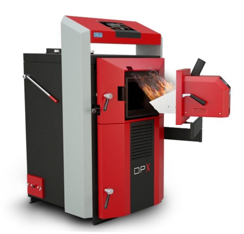 Kocioł c.o. Attack Combi 35 kW: zgazowujący, z podajnikiem pelletu i drewna. Widok z boku.