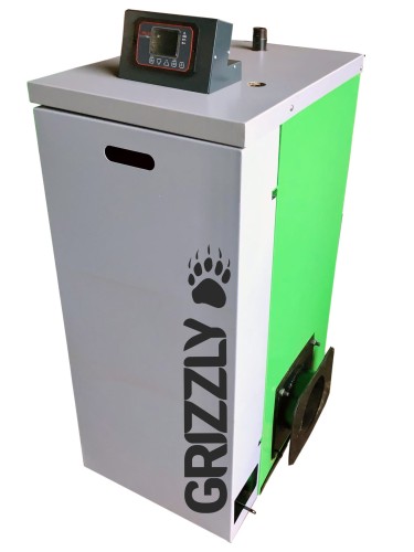 Kocioł CO na paliwo stałe KGP Grizzly II 10 kW. Widok całego kotła z panelem sterowania.