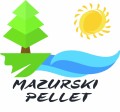 Logo Pellet Mazurski: ilustracja drzewa, słońca i wody.