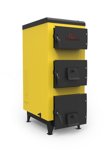 Kocioł zasypowy na węgiel SKG 5 15kW, klasa 5. Widok żółtego kotła z trzema czarnymi drzwiczkami.
