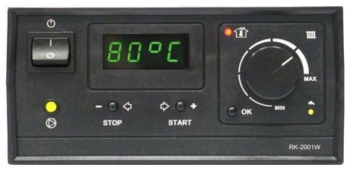 Sterownik RK-2001W do kotłów na paliwa stałe Logica, Funke Buderus, Ultima. Panel sterujący z wyświetlaczem LCD i pokrętłem.