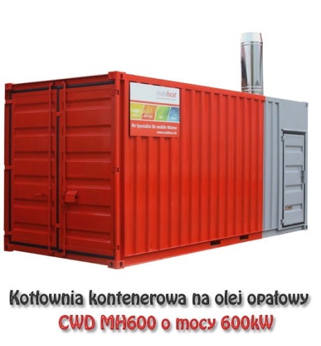 Kotłownia kontenerowa 460 kW na olej grzewczy. Czerwony kontener z kominem.