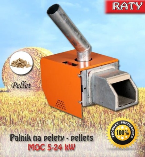 Palnik na pelety 5-24 kW. Pomarańczowy palnik do modernizacji pieca, zasilany pelletem.