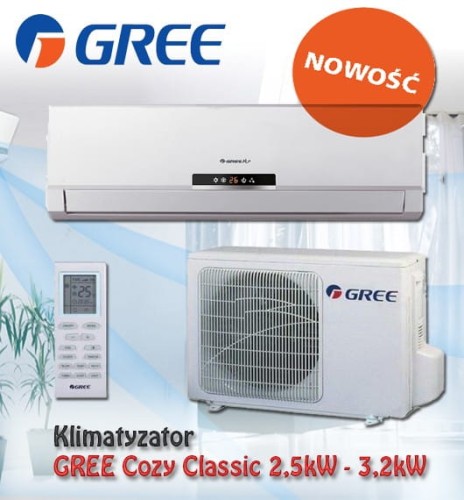 Klimatyzator GREE Cozy Classic GWH12MA-K3, jednostka wewnętrzna i zewnętrzna, pilot.
