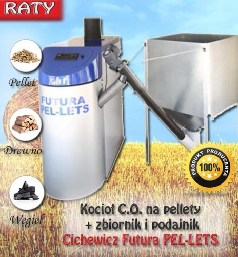 Kocioł Cichewicz Futura Pellets 15-24kW z podajnikiem ślimakowym 1,7m i zbiornikiem 300l.