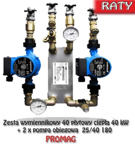 Zestaw wymiennikowy PROMAG 40-płytowy 40 kW: widok zestawu z dwoma pompami obiegowymi.