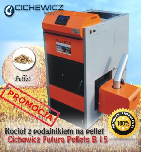 Kocioł Cichewicz Pellets B 15, 15-24kW. Widok z przodu, palnik na pellet.