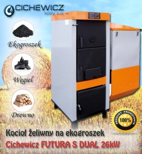 Kocioł piec c.o żeliwny S DUAL z podajnikiem na ekogroszek 2 komory spalania moc 26kW