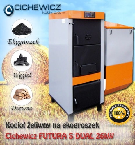 Kocioł żeliwny Cichewicz FUTURA S DUAL 26kW z podajnikiem na ekogroszek, dwie komory spalania.