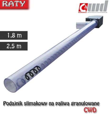 Podajnik ślimakowy do granulatu 2,5 m. Przezroczysta rura z widocznym ślimakiem.