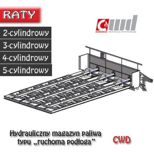 Rysunek techniczny 4-cylindrowego hydraulicznego magazynu paliwa typu „ruchoma podłoga”.
