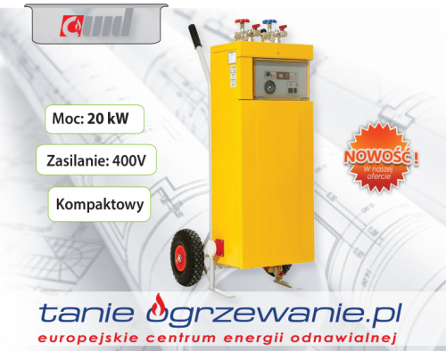 Przenośny kocioł elektryczny 20 kW. Żółty, na kółkach.